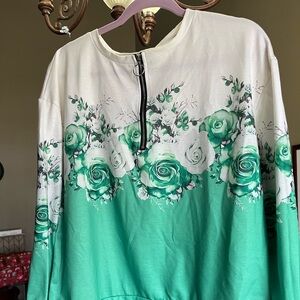 SHEIN Green and White Floral Zip-Front Scoop Neck Sweater
